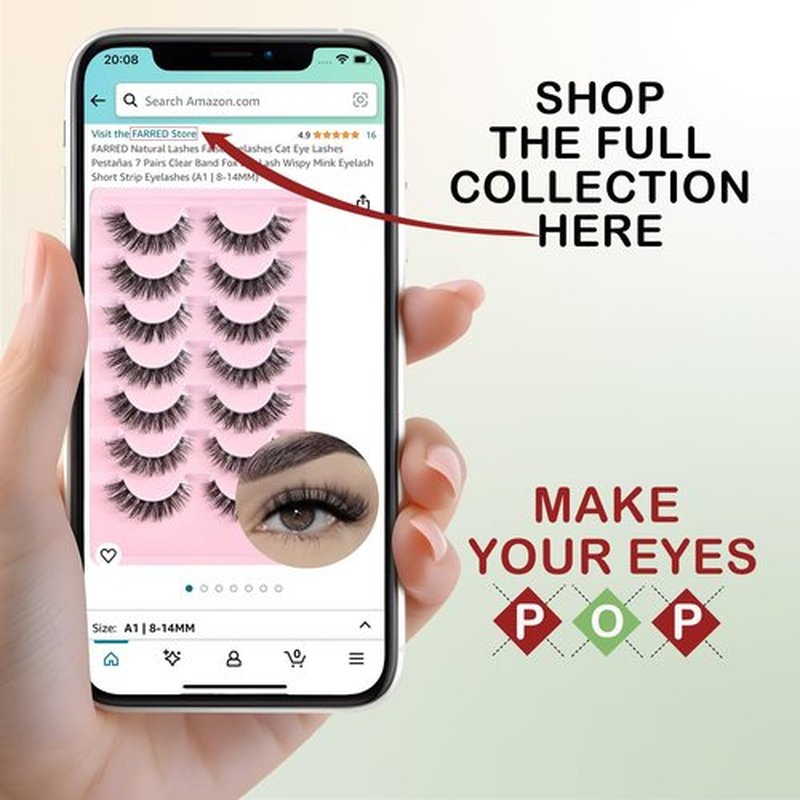 FARRED False Eyelashes Natural Wispy Lashes Short Cat Eye Strip Lash 7 Pairs Thin Band Cateye Fake Eyelash Medium Length Volume Pestañas Set for Hooded Eyes (A16 | 7-14MM)