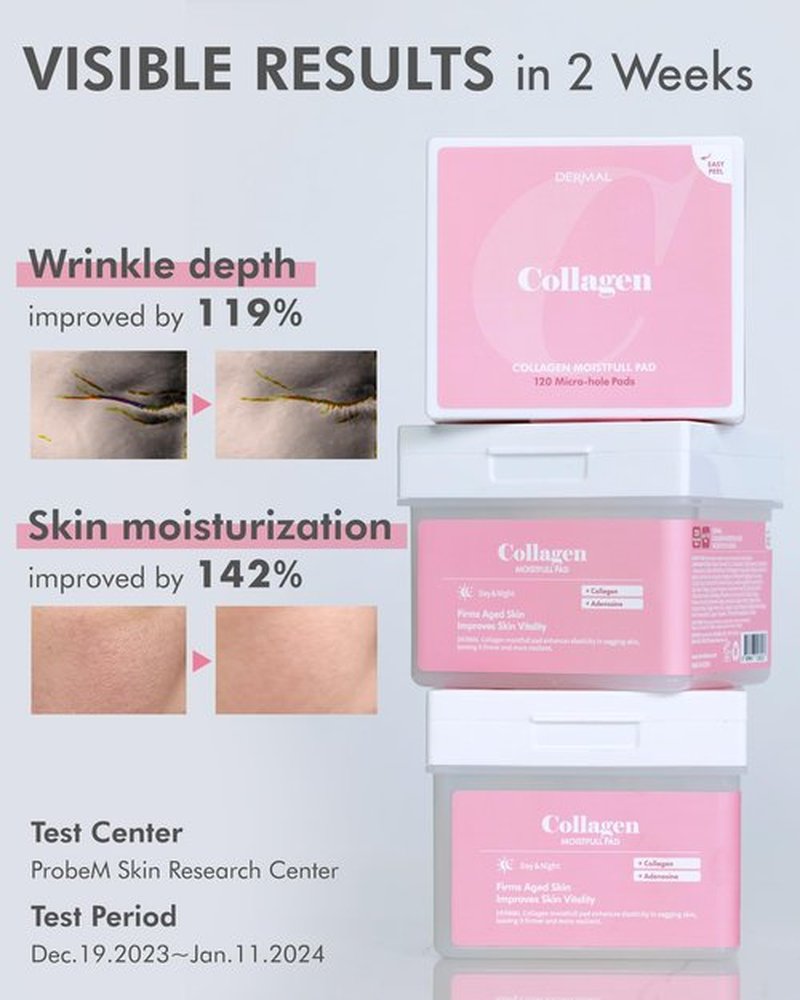 DERMAL Collagen Moistfull Lifting Toner Pad 120 Count Bulk, Korean Anti Aging Firming Pad with 10 Collagen Types and 3 Peptides, 300 Dalton Low Molecular, Large Vegan Tencel Square Pad with Tongs