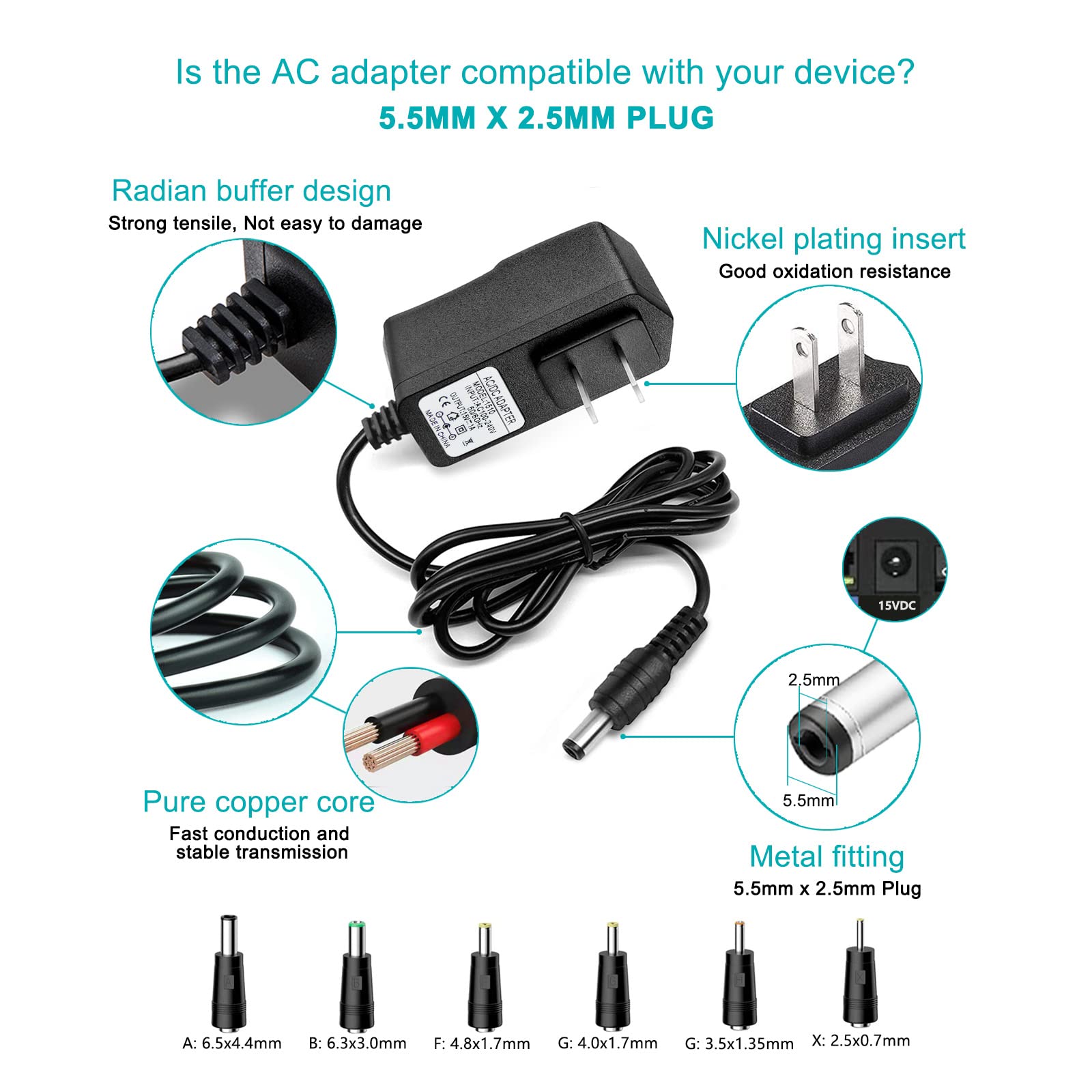 DC 15V 1A Adapter Charger Charging Cable Cord for Peak 450A 500A 600A 800A 1000A Auto Battery Booster Jump Starter, Compatible Beatit,Tacklife,Gooloo & More Portable Car Jump Starter