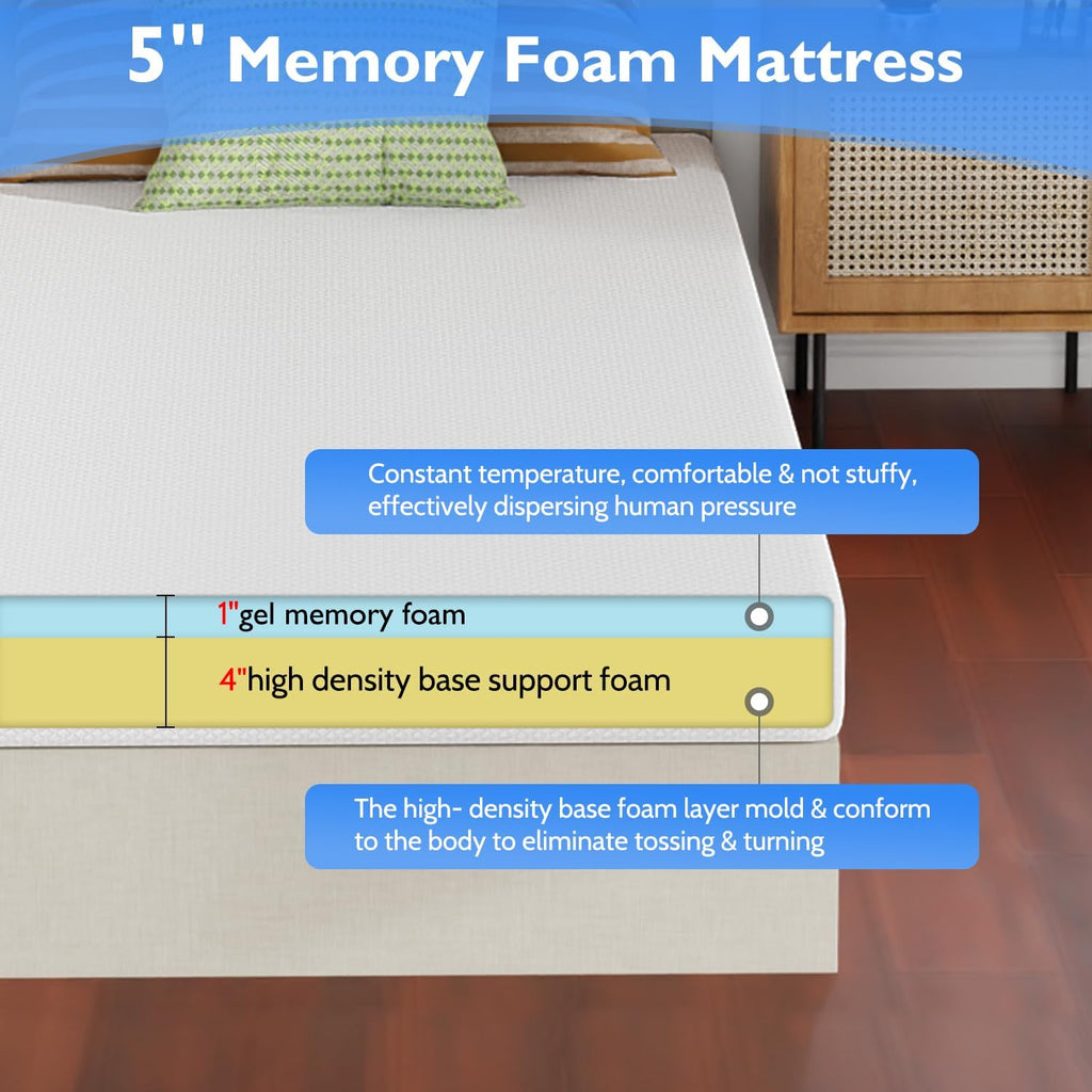 FDW 5 Inch Twin XL Mattress - Medium Firm Gel Memory Foam | CertiPUR-US Certified | Pressure Relief & Cooling Cover