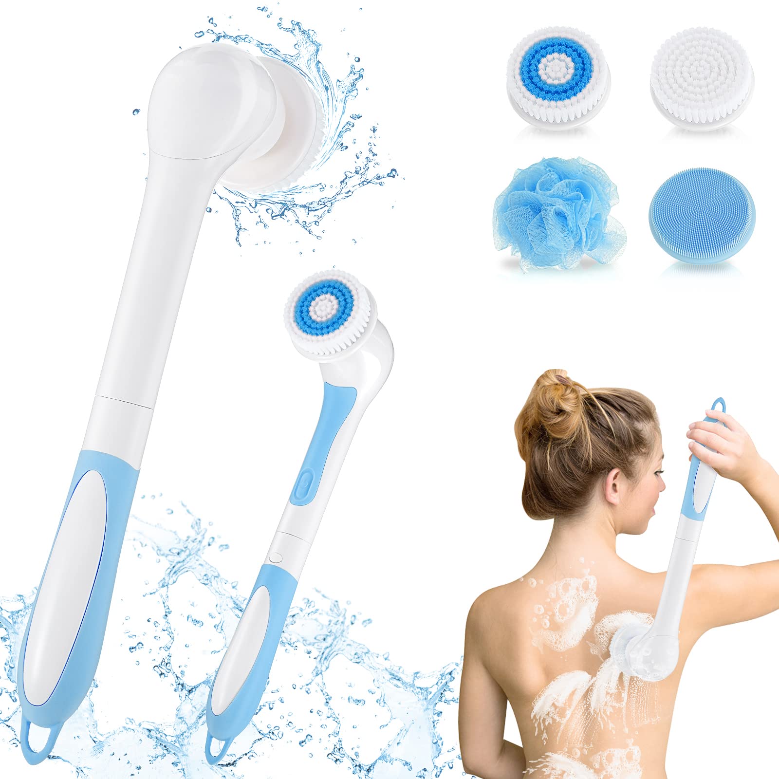 Electric Body Brush for Exfoliating and Massage, Color You Electric Bath Brush Body Scrubber Shower Brush with Long Handle, Soft Silicone Spinning Skin Brush with 4 Spin Brush Heads for Man and Women