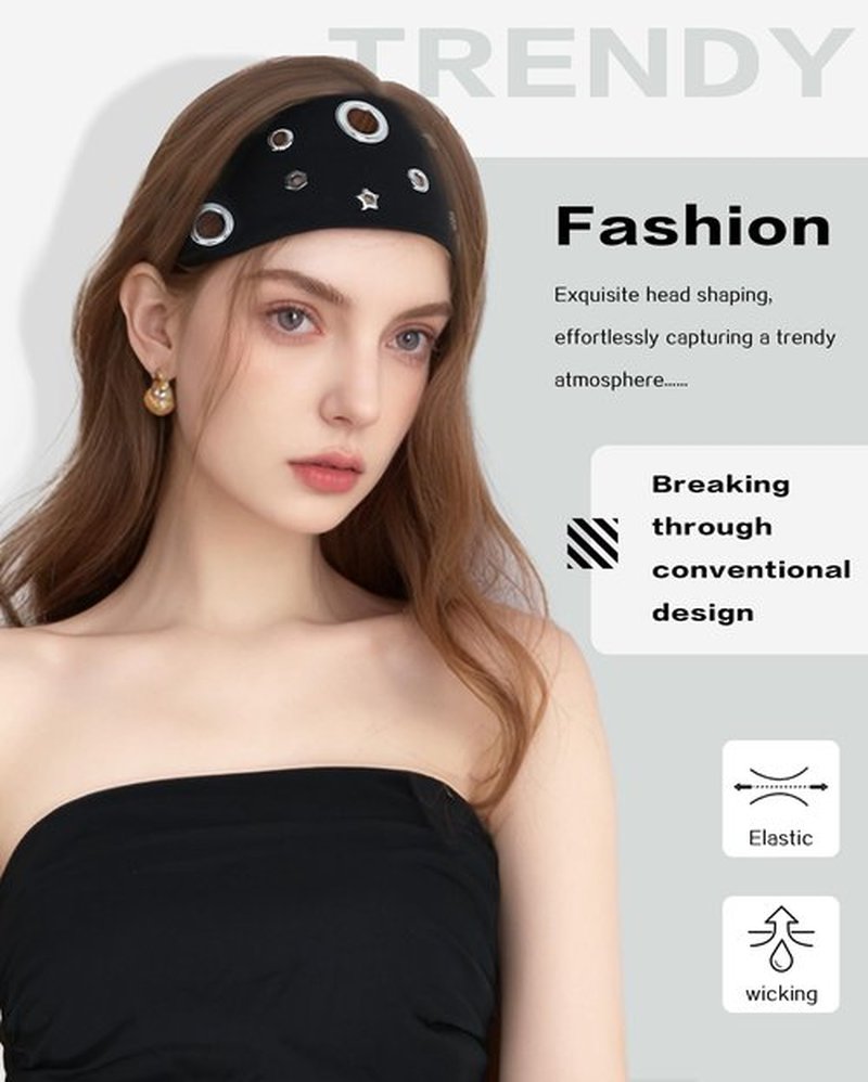 JENSVOIR Grommet Headband for Women, Black Star 23cm Hollow Out Elastic Hair Band, Eyelets Punk Grunge Stylish Hairband