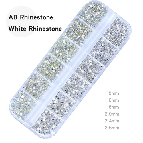 HNUIX Nail Art Charms - 3D Round Multi Size Crystal Rhinestones, Clear & AB Nail Gems, White & Beige Pearls, Silver & Gold Metal Beads, with Kit, for Nail Art, DIY Decorations
