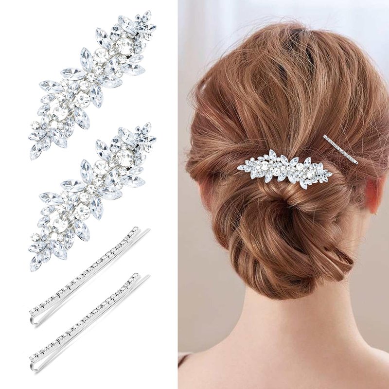 WHAVEL 4PCS Silver Rhinestone Hair Clips - Bride Barrettes Fancy Wedding Prom Formal Hair Accessories for Women