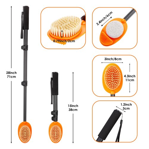 LYIGEOL Foot Scrubber with Pumice Stone, 3 in 1 Adjustable Aluminum Tube 15”-28” Shower feet Dead Skin Remover, Foot Cleaning Brush for Seniors,Elderly, Disabled Men and Women