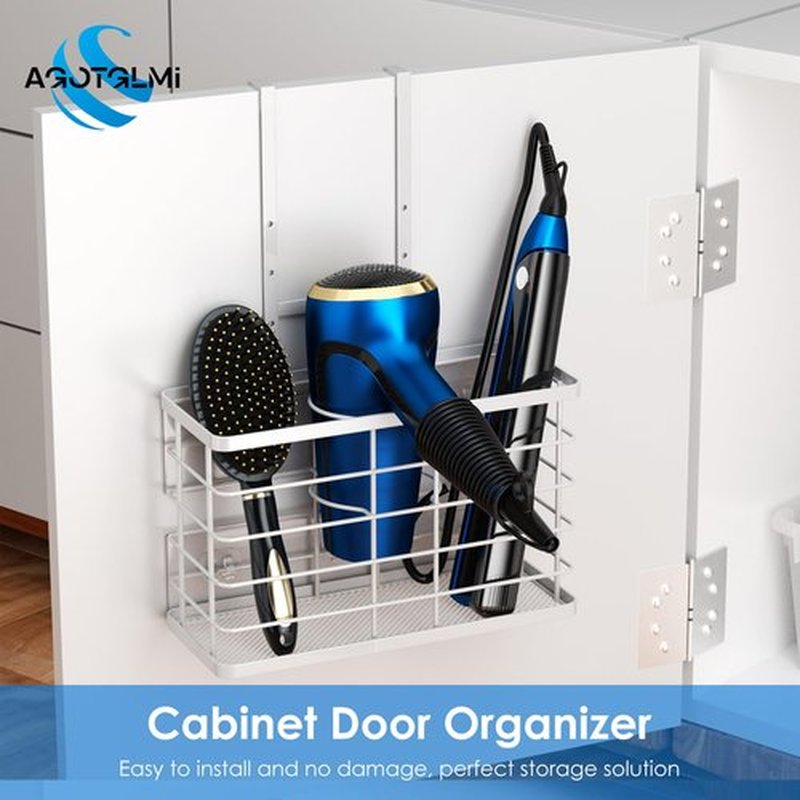 Agotglmi Hair Tool Organizer, Dryer Holder, 3 in 1 Blow Bathroom Organizer Wall Mounted/Cabinet Door for Flat Iron, Curling Straightener, Care & Styling Tools Storage Basket (White)
