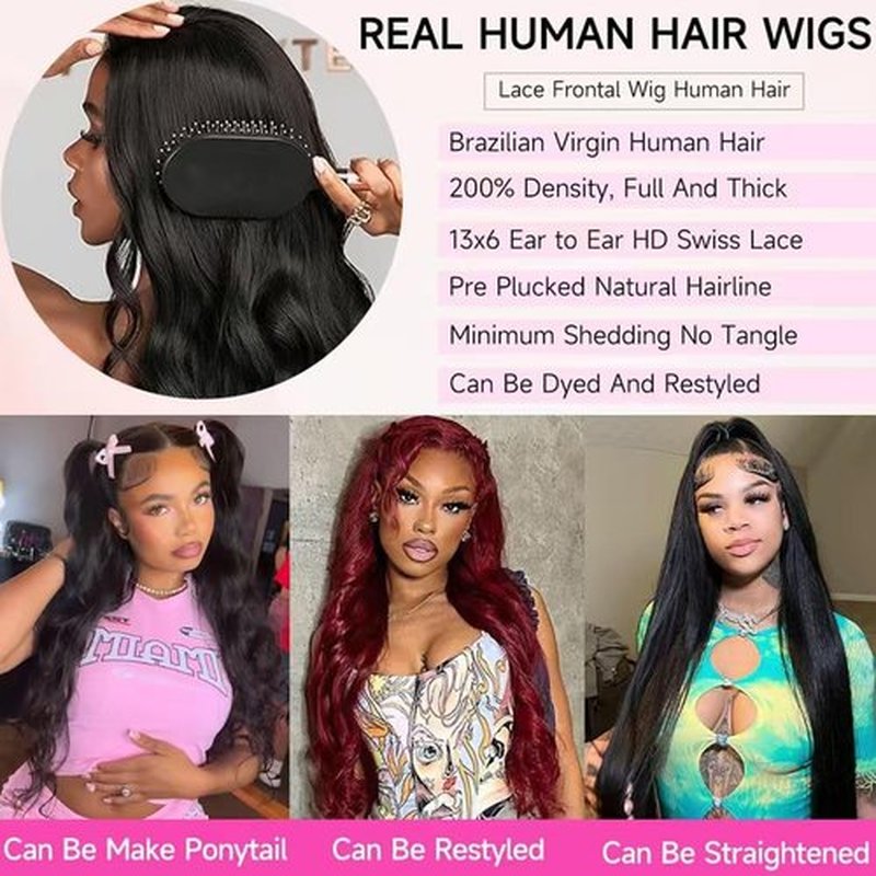 Tasumla Body Wave Lace Front Wigs Human Hair 200 Density 13x6 HD Lace Frontal Wigs Pre Plucked Glueless Brazilian Virgin Human Wig with Baby Hair Body Wave wigs for Women Natural Black 24 INCH