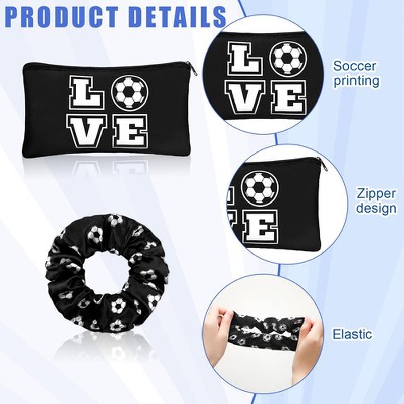 Sweetude 24 Pcs Soccer Gifts 12 Makeup Bag 12 Satin Scrunchies for Girls Portable Cosmetic Travel Bag Elastic Hair Ties Soccer Favors for Women Girls Team Players(Black)