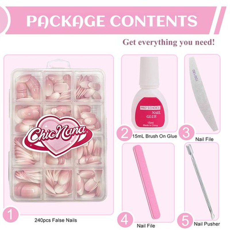 Ombre Press On Nails - 240Pcs Short Square False Nails Kit, Pink White Gradient Nail Tips Soft Gel False Nail with Glue Salon Fake Nails Kit Extensions DIY (Medium Long Square)