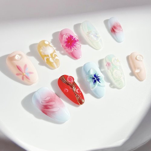 Press on Nails Handmade Almond Medium 3D Flower Design Reusable Fake Nail for Women's 10pcs (Mermaid Summer, L)