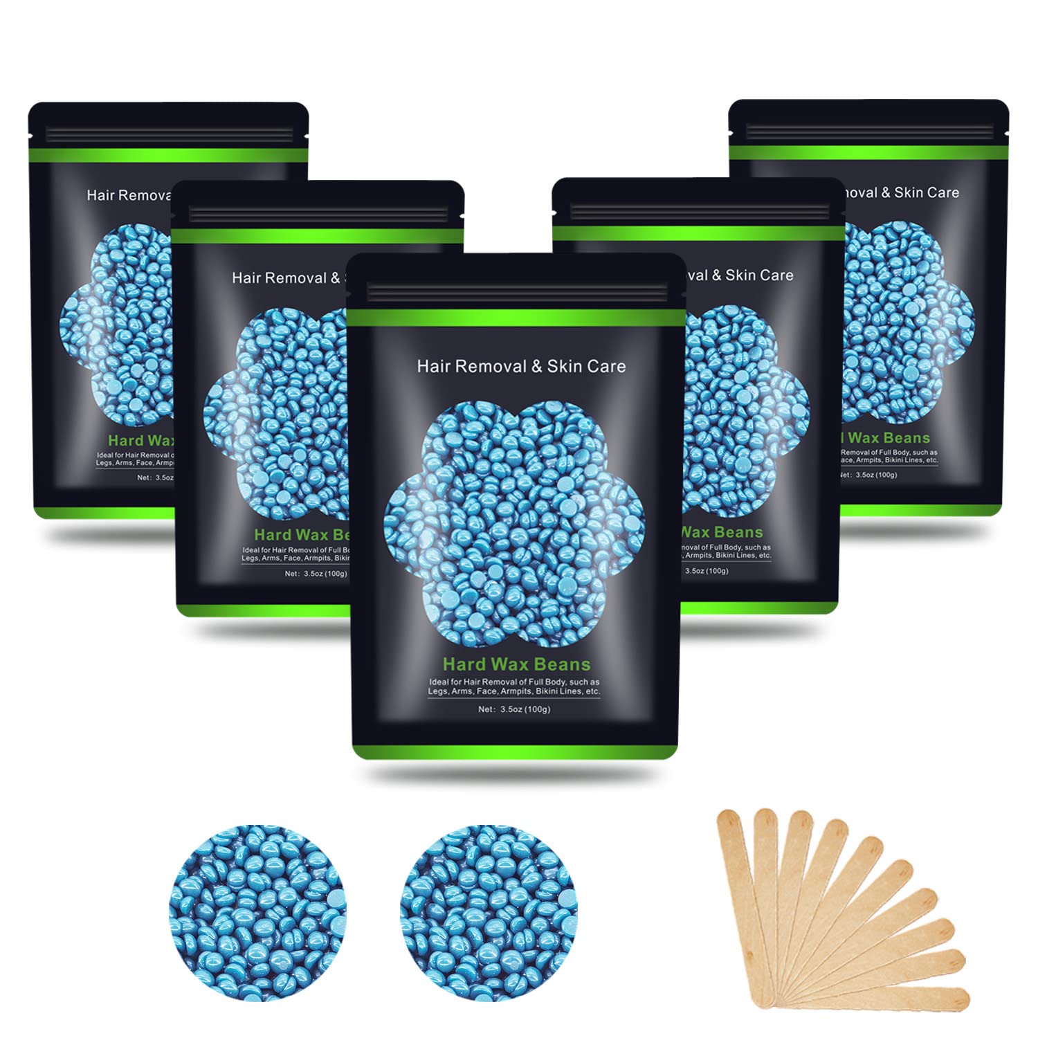 Hard Wax Beans 17.5Oz, Hair Removal Body European Brazilian Pearl Waxing Beads For Women Men Include 10 Waxing Spatulas For Bikini, Eyebrow, Face, Armpit 5 Packs