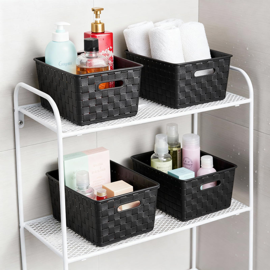 Bekith 5 Pack Woven Plastic Storage Basket, Small Plastic Storage Bin, Rectangular Cabinet Organizer for Home & Office, 9.8" L x 7" W x 4.5" H