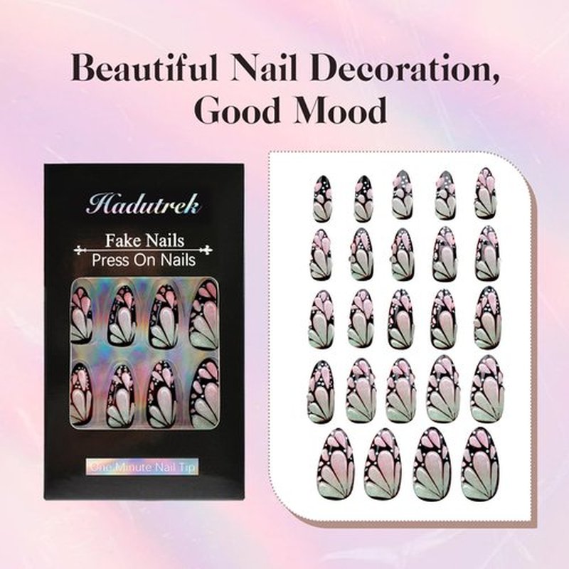 Almond Press On Nails, 3D Butterfly Designs Medium Fake Nails with Nail Glue, Reusable Soft Gel Stick On Nails for Women Girls Gift, 24PC Elegant Glue On Nails Kit