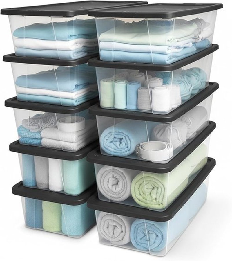 HOMZ 10-Pack Snaplock Storage Bins - Clear Plastic Organizer Containers with Lids, 6 Quart, Gray