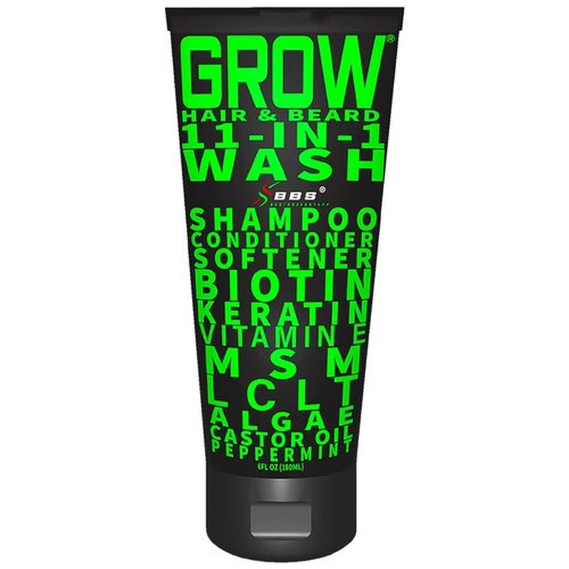 Beard Wash Shampoo & Conditioner 11-in-1 by GROW | Biotin, Castor Oil & Peppermint for Thicker Hair & Beard Growth