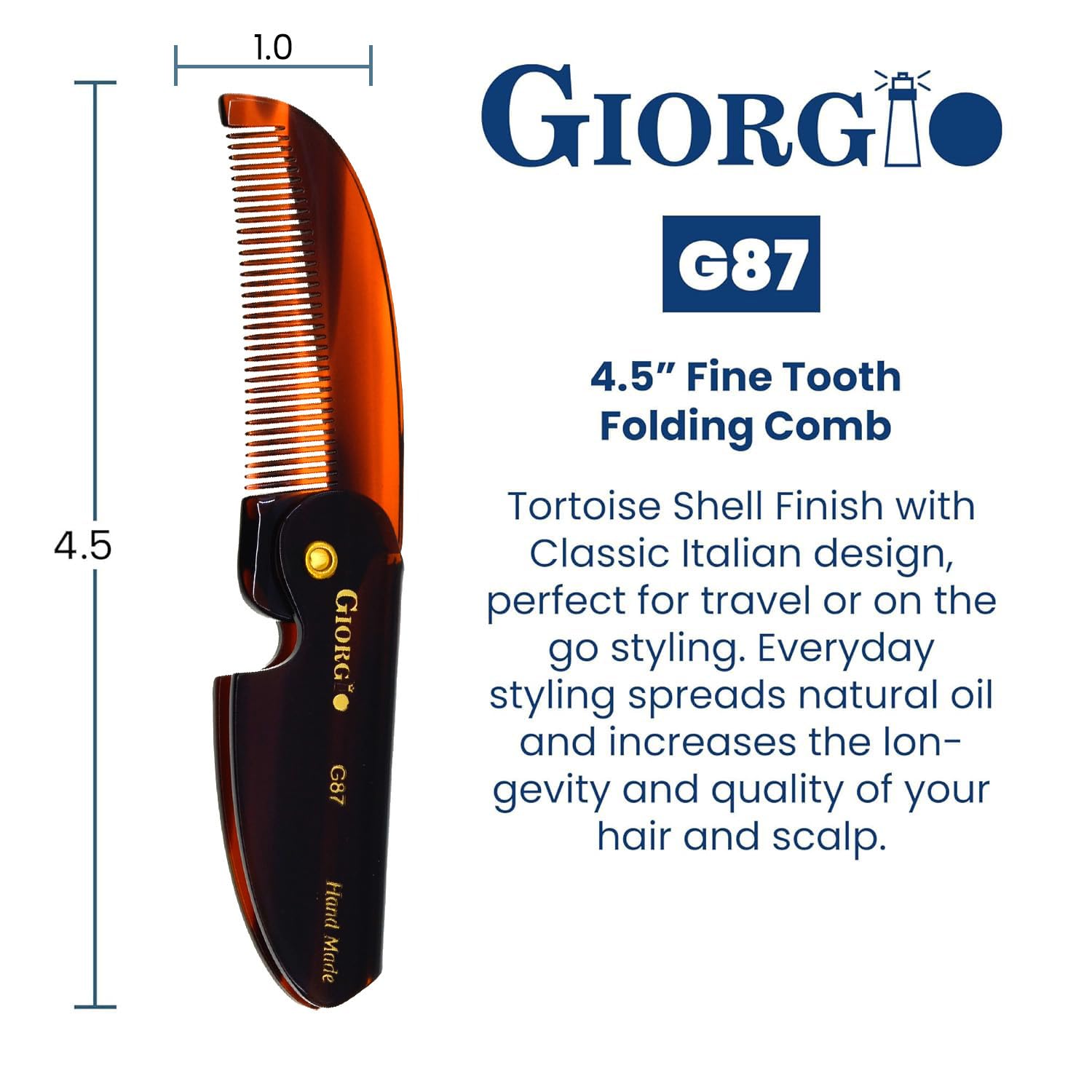 Giorgio G87 Folding Mustache and Beard Comb for Men - Handmade, Saw-cut, Hand Polished Pocket Styling Comb for Everyday Grooming and All Type of Hair Care (Tortoiseshell)