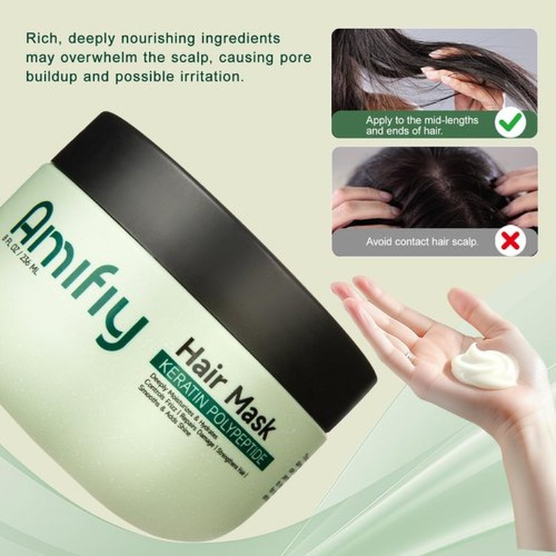 Amifiy Keratin Hair Mask, Multi-care Deep Conditioning Hair Mask for Dry Damaged Hair, Anti-Frizz, Intensive Hydrating & Repairing Deep Conditioner for Strong, Smooth and Silky Hair, 8 Fl Oz