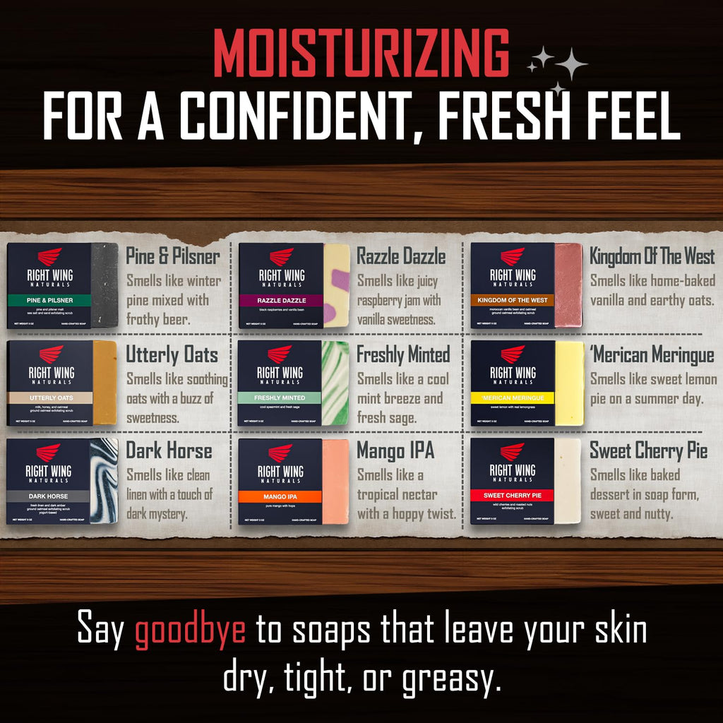 Right Wing Naturals Bar Soap Gift Set for Men | 12 Bar All Natural Variety Pack | Handcrafted Cold-Pressed Soap | Handmade Organic Soap for Men | Most Popular Flavors | Natural ScentedMen’s Bar Soap