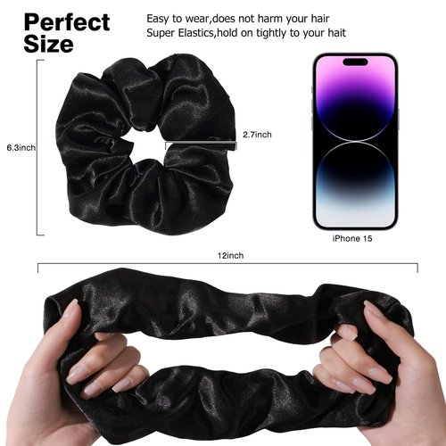 Nothstein 4PCS Black Satin Silk Scrunchies for Women, 6.3Inches Extra Large Hair Scrunchy Oversized Thick Elastic Hair Ties Hair Bands Ponytail Holders Jumbo Hair Scrunchies
