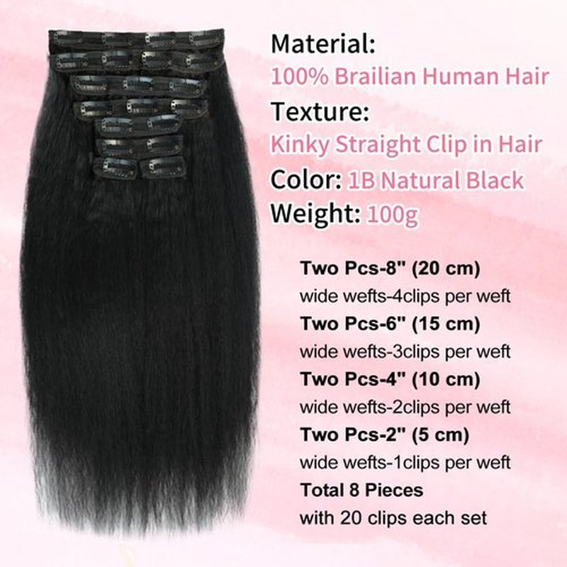 Kinky Straight Clip in Hair Extensions Real Human Hair 110g 8pcs Yaki Straight Clip Ins Hair Extensions For Women Natural Black Full Head Brazilian Remy Hair Double Weft 20 Clips