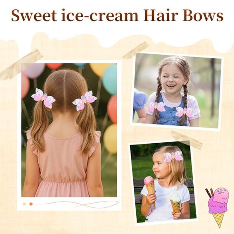 Ice Cream Hair Bow Clips, 3.4 Inch Sparkly Confetti Sprinkle Birthday Hair Bows Full Lined Metal Alligator Clips Boutique Bow-knot Hair Accessories for Girls Toddlers Kids Teens - Pink & White
