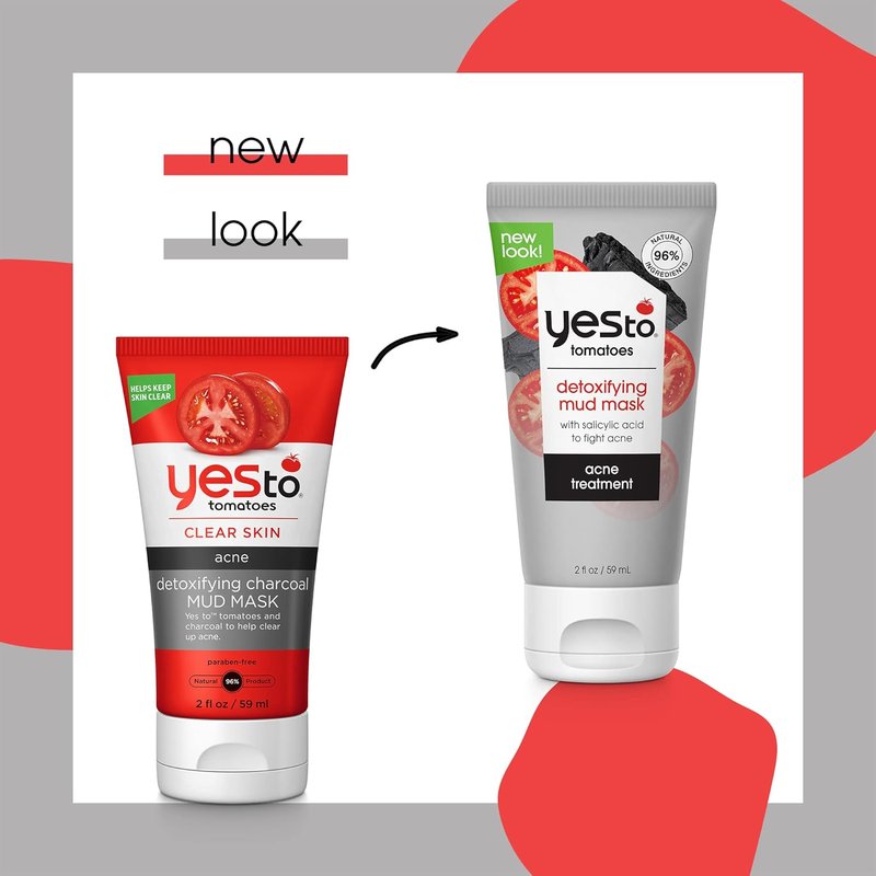 Yes To Tomatoes Charcoal Mud Mask - Detoxify Acne-Prone Skin | 96% Natural, 2.006 Fl Oz (Pack of 2)