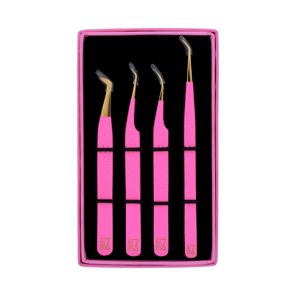 M LASH Tweezers for Eyelash Extensions (Set of 4) - Professional Lash Extension Tweezers - Fiber Tip, Japanese Steel, Diamond Grip Eyelash Extension Tweezer (Matte Black)