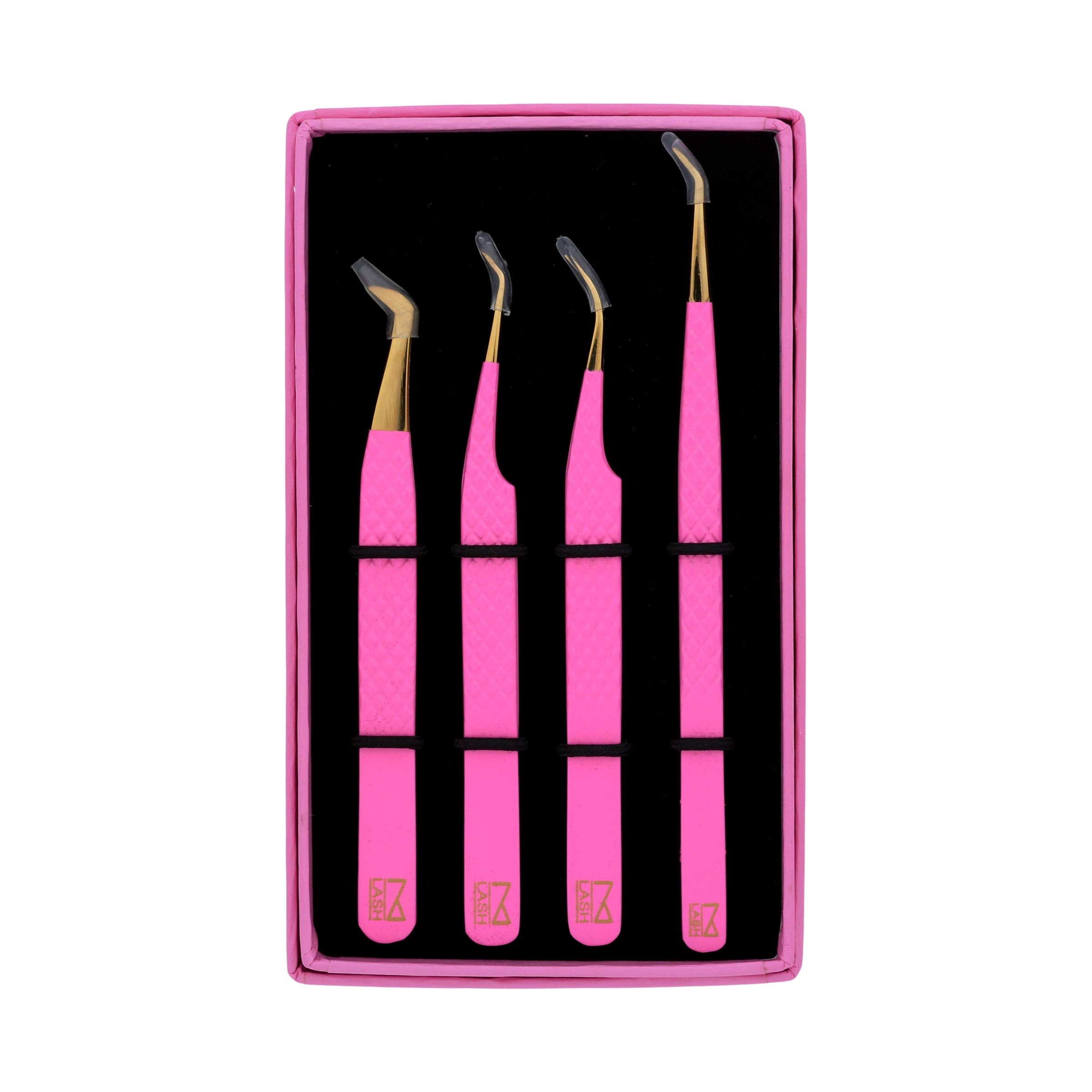 M LASH Tweezers for Eyelash Extensions (Set of 4) - Professional Lash Extension Tweezers - Fiber Tip, Japanese Steel, Diamond Grip Eyelash Extension Tweezer (Matte Black)