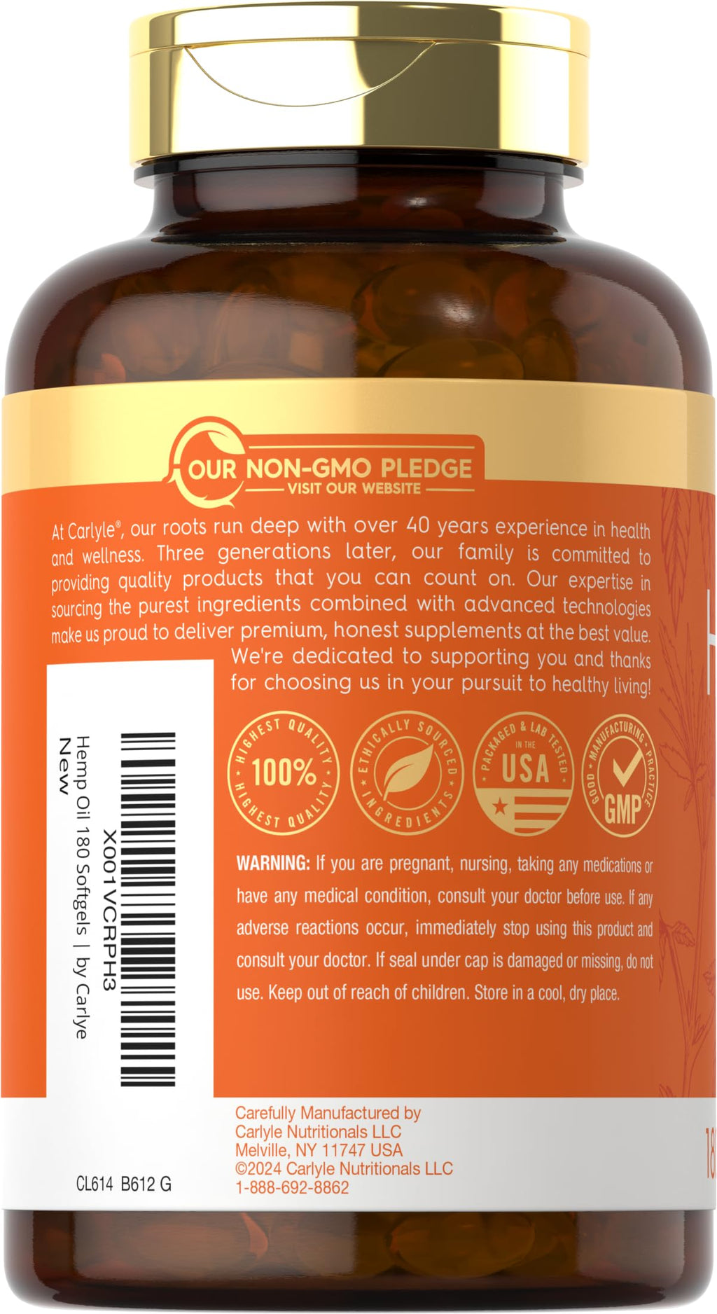 Carlyle Hemp Oil Softgel Capsules | 126,000 mg | 180 Count | Cold Pressed Supplement | Non-GMO and Gluten Free Formula
