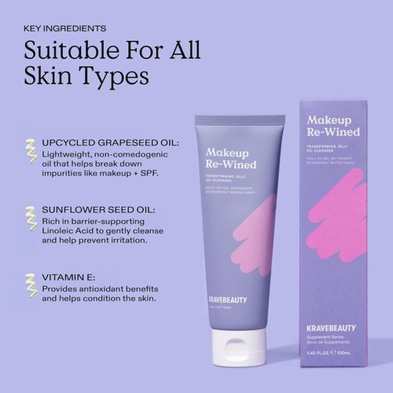 KraveBeauty Makeup Re-Wined Cleansing Oil - Fragrance-Free Jelly Oil Cleanser for Waterproof Makeup | 100 mL