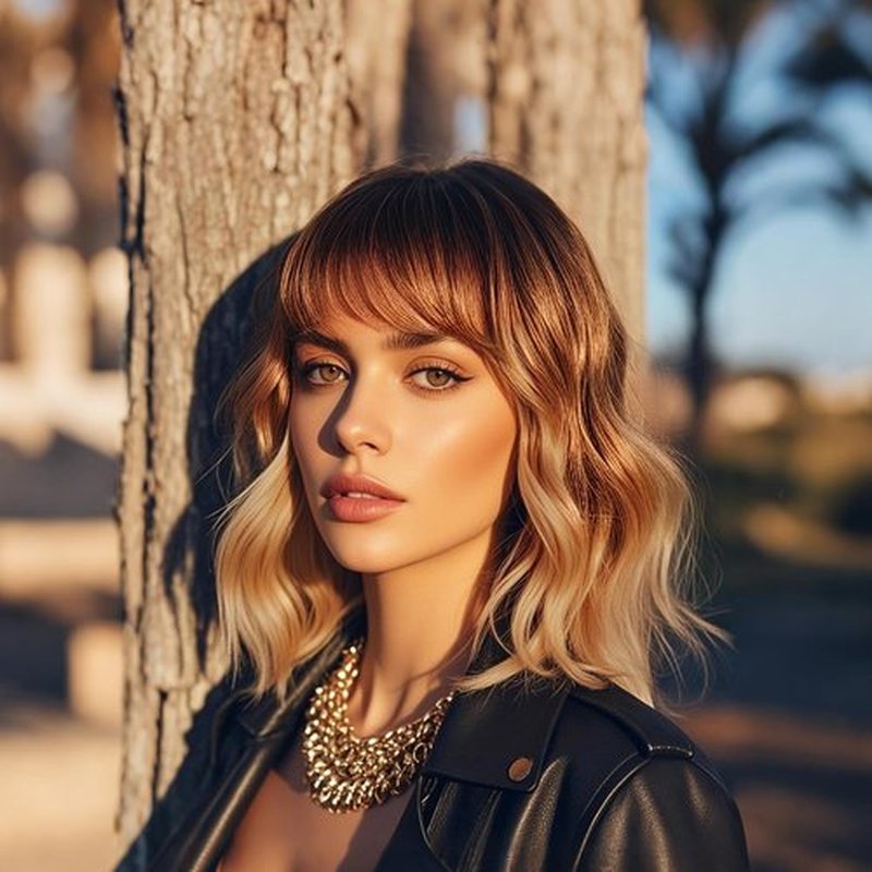 Twobla Rooted Mocha to Caramel Brown Latte Ombré Bob Wig With Bangs For Women | 16 Inch Bob Wavy Wig With Curtain Bangs | Heat Resistant, Wear & Go, No Glue Needed | Cosplay Use