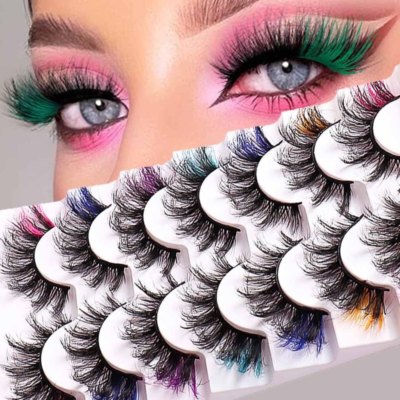 Uranian Colored False Eyelashes Mink Lashes with Color D Curl Fluffy Long Extensions Strip Dramatic Faux Eyelashes 7 Pairs Colorful Lashes Volume Fake Eyelashes for Women
