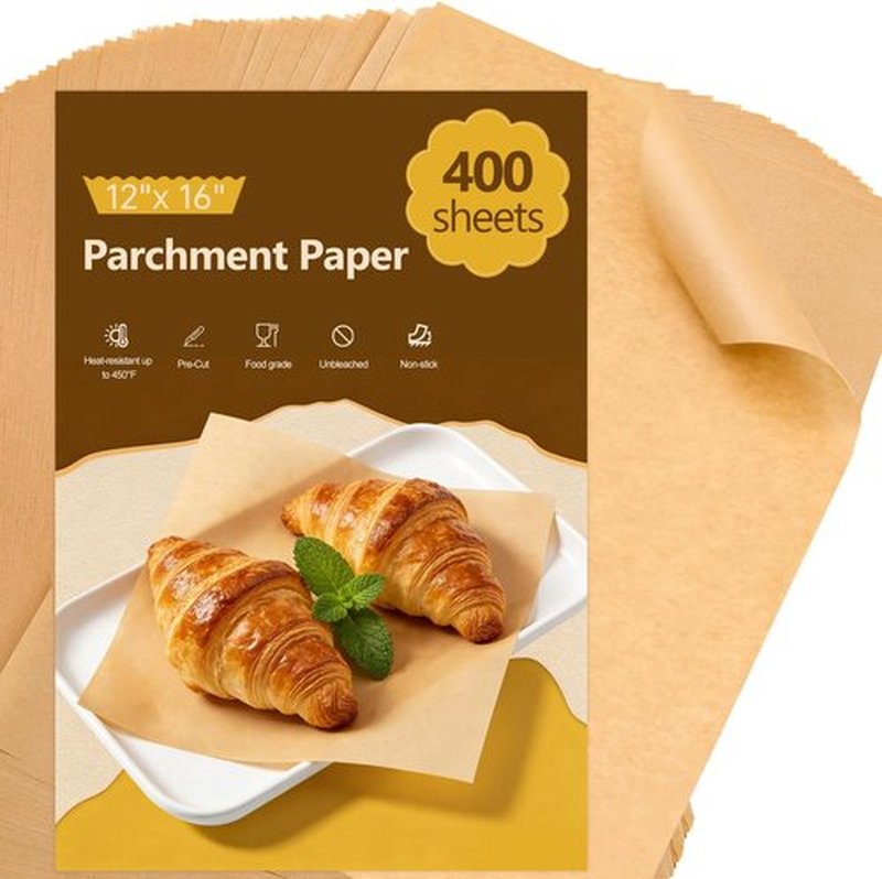 Skiennix Unbleached Silicone Coated Parchment Paper Sheets - 400 Pcs, 12x16 Inch, Non-Stick Baking Solution