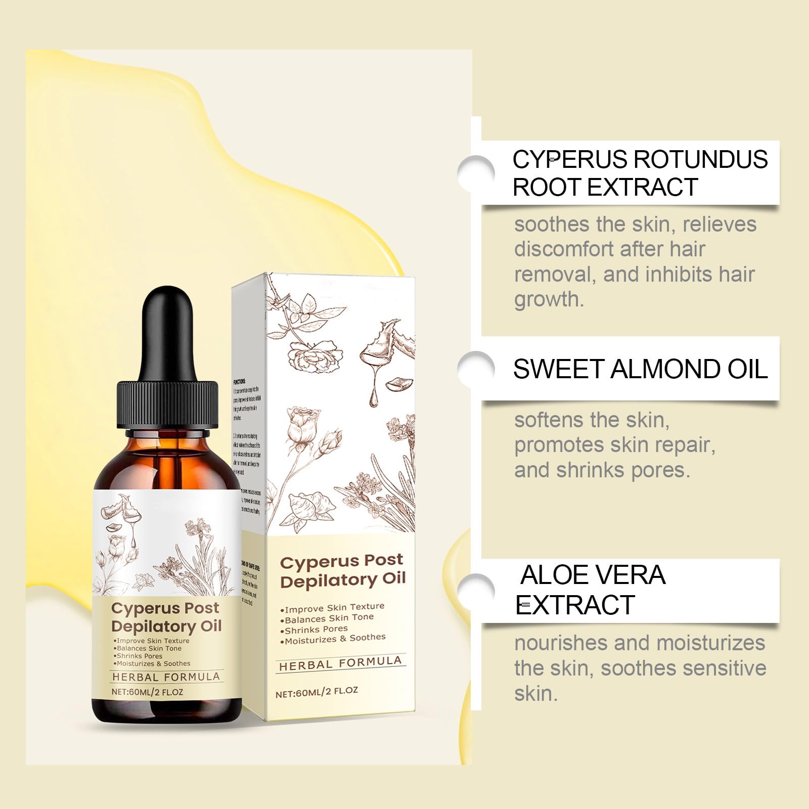 3 Pcs Cyperus Rotundus Oil for Hair Removal, Gentle Nourishing, Soothing Smooth Delicate Skin, Hair Removal Care Essential Oil.