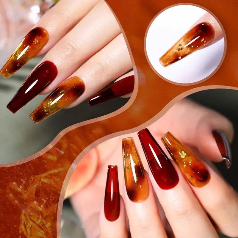 YJLYQF Jelly Amber Gel Polish Set - 6 Translucent Nude Gel Nail Polish, Sheer Tortoise, Red Coral, Burnt Orange, Grey, Amber, Brown - Soak Off UV LED Manicure Art Kit For DIY Home