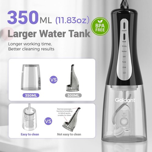 Skiennix 350ML Water Dental Flosser - Portable Cordless Oral Irrigator with 5 Modes | Waterproof & Rechargeable (Black)