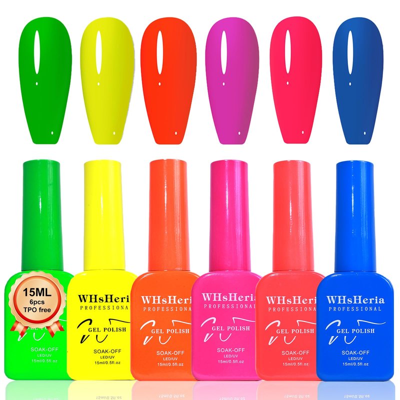 WHsHeria TPO Free Neon Gel Polish Set – 6 Colors 15ML Bright Fluorescent Colors for Party Neon Yellow Green Red Soak Off UV LED Gel Polish Kit for All-Season Nail Art Manicure Salon DIY D for Women