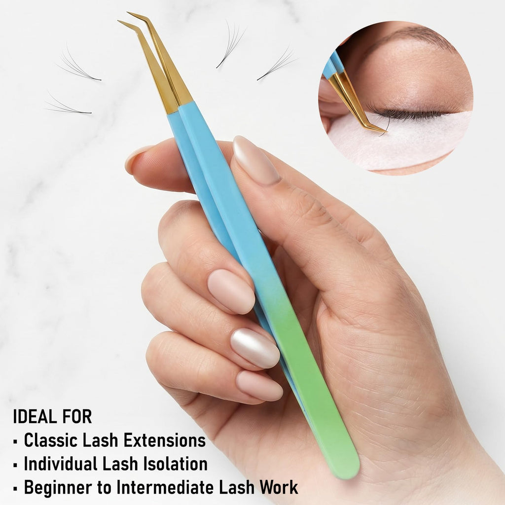 Cross Edge Corporation Lash Extension Tweezers 14cm — Curved Isolation Tip for Classic Lashes & Individual Lash Work | Lightweight Stainless Steel | Blue & Green with Gold Tip Finish