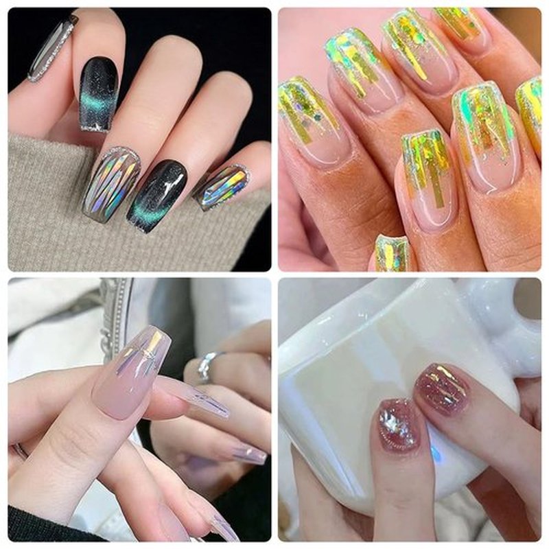 SILPECWEE 12 Boxes Glass Nail Foil Cellophane Aurora Nail Art Foil Sheets Glass Paper Laser Nail Stickers Iridescent Nail Designs Stickers Holographic Nail Film 3D Nail Decoration
