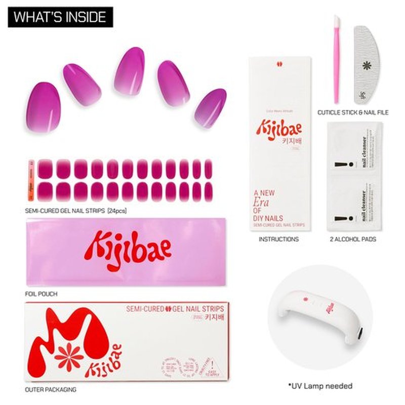 Kijibae Semi Cured Gel Polish Strips | 24pc UV LED Required Wraps | Gift Peel and Stick Nails | Coquette DIY Home Manicure | Press On Alternative (Cough Syrup)
