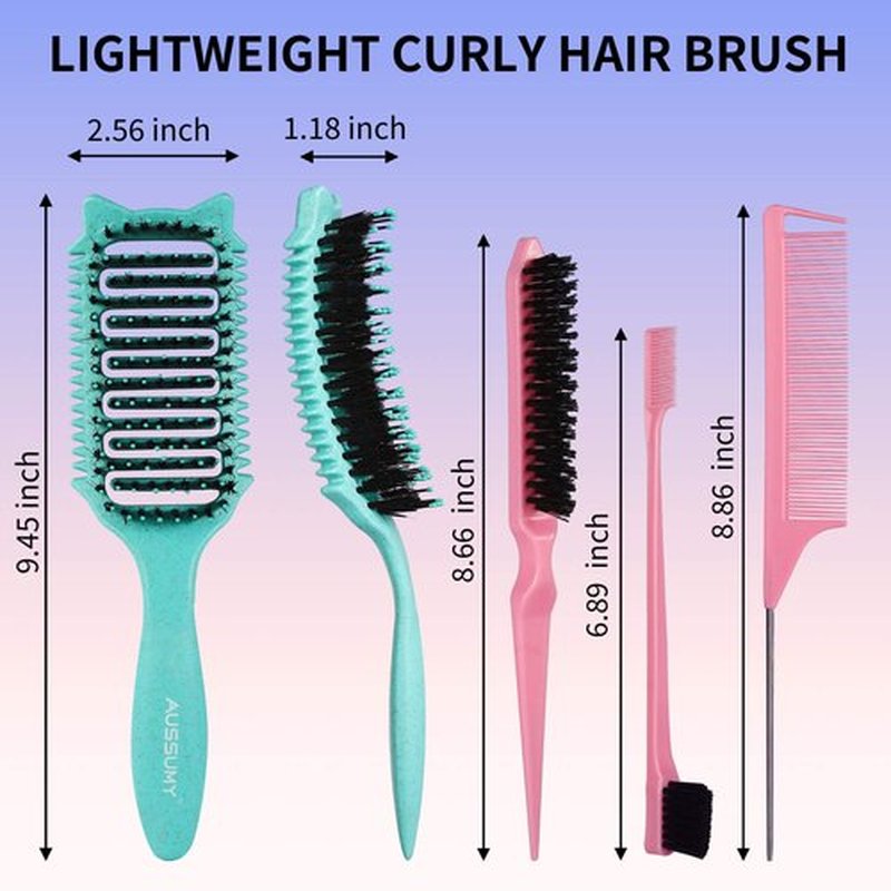 Aussumy 2 Pack Curly Defining & Detangling Brush - With Boar Bristle & 3 Styling Comb Tools – Shine to Shape & Define Natural Curl Waves & Coils - Vented Anti-Frizz Wet or Dry Hair for Women Men Kids