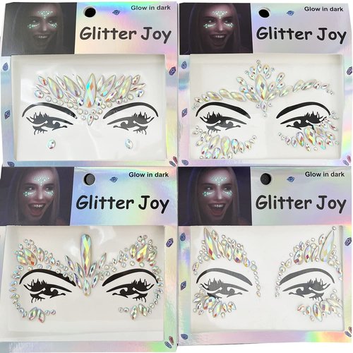 Noctilucence Face Gems Jewels, Festival Face Jewels Tattoo Stickers, Luminous Rave Crystals Face Gems Stick on, Body Gem Temporary Face Tattoos for Festival,4-Pack