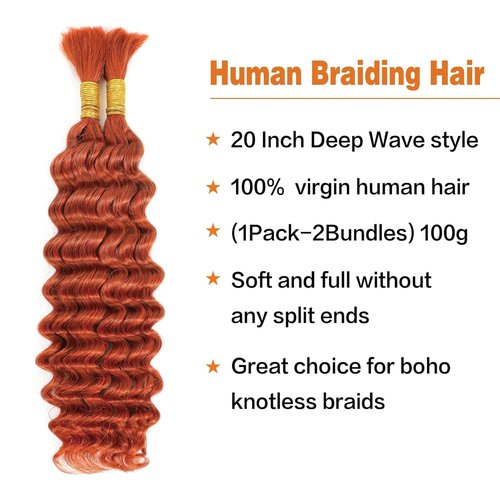 #350 Ginger Orange Orange Human Braiding Hair for Boho Braids Deep Wave Bulk Human Hair for Braiding 2 Bundles Total 100g 20 Inch No Weft Brazilian Virgin Hair