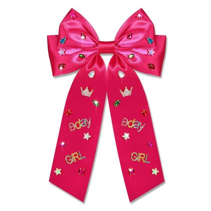 Birthday Hair Bows for Women Crown Birthday Girl Hair Bow Clips Crystal Pearl Star Jeweled Big Hair Bows Pink Bow Satin Hair Ribbons Accessories Gifts Party Favors (Pattern B1)