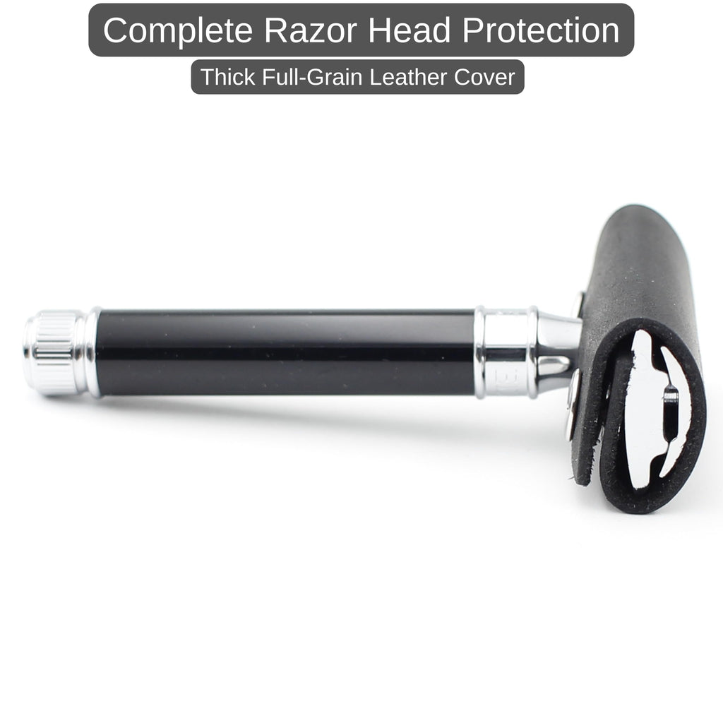 Toprank Leather Safety Razor Case – Genuine Leather Razor Cover for Travel, Fits Most Double Edge Safety Razors, Blade Protector, Snap Closure (Black, 2-Pack)
