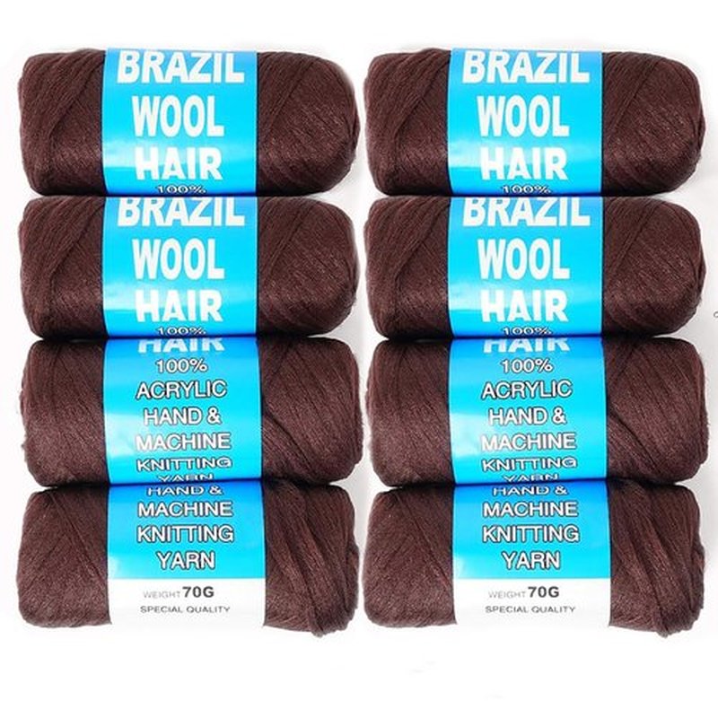 Brazilian Wool Hair Yarn for Braids 100% Brazilian Wool Hair Acrylic Yarn for African Braids/Spring Twist/Faux Locs/Wraps with Crochet Hook(8 Roll, Coffee Brown)