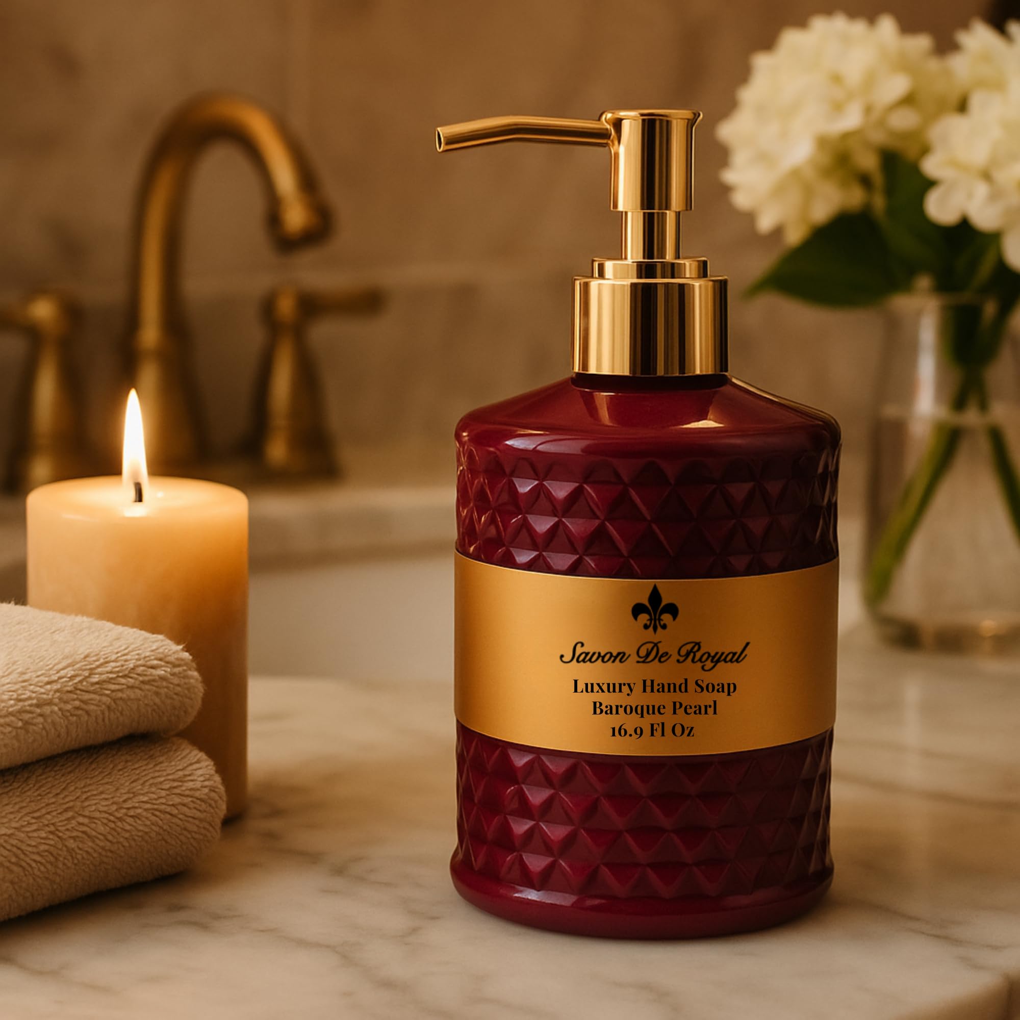 Savon De Royal Luxury Liquid Hand Soap, Jasmine - Vanilla - Sandalwood Scent, Moisturizing Vegan Bathroom Soap for Hand Wash, Gentle & Nourishing Formula, Refillable Bottle 16.9 Fl Oz, Baroque Pearl
