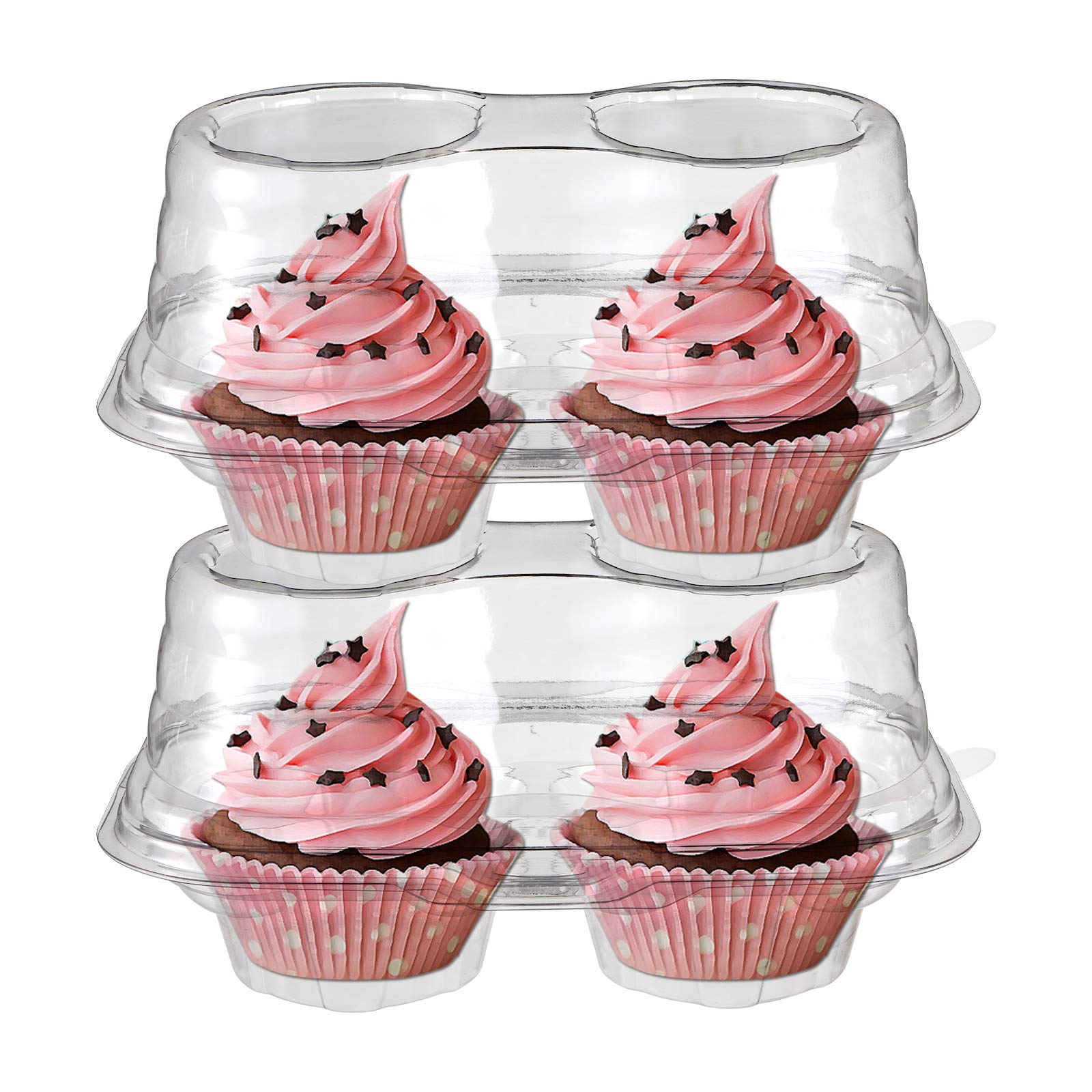 Bekith 60 Count 2-Compartment Plastic Cupcake Containers Disposable with Connected Airtight Lid, Clear Stackable Deep Dome Cupcake Carrier Holder Box for Cupcakes, Muffins, BPA Free