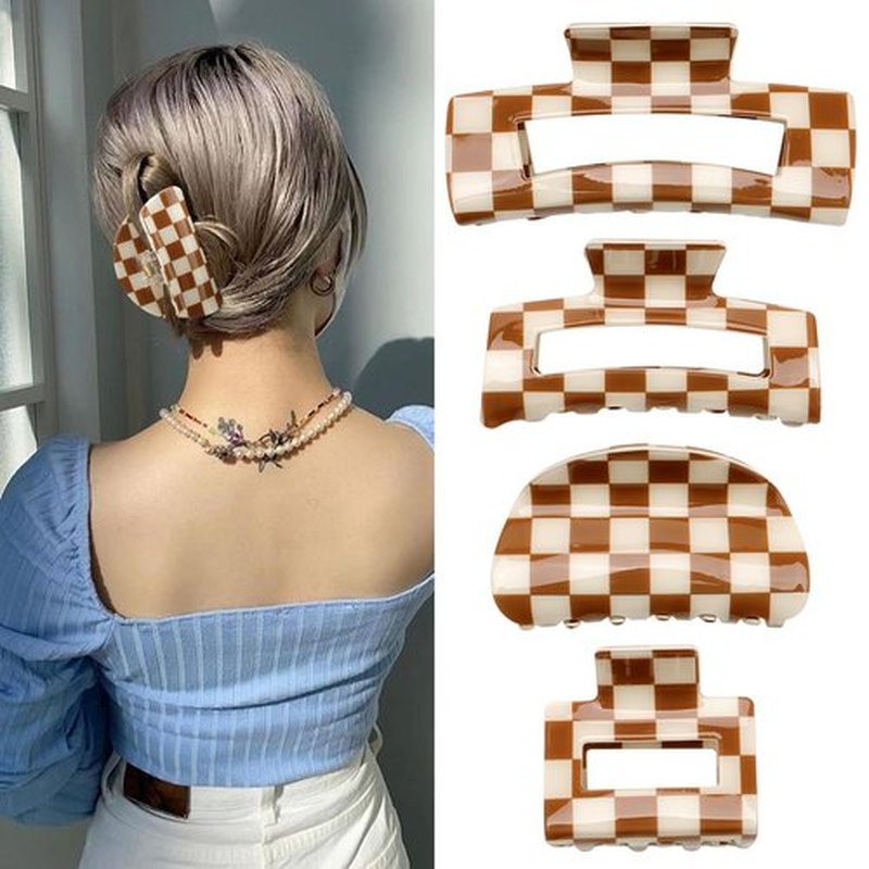 CHANACO Checkered Claw Clip 4 Pcs Checkered Hair Clip Large Claw Clips for Thick Hair Brown Tortoise Barrettes Hair Clips for Women Y2K Aesthetics Hair Accessories for Girls
