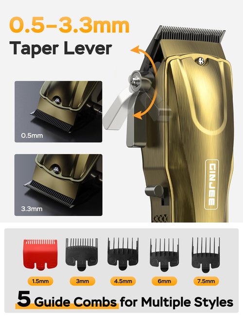 GinJee Hair Clippers for Men, Cordless & Corded Barber Clipper with 5Hrs Runtime, 7000RPM Rotary Motor & LED Display, Waterproof Professional Hair Cutting Kit for Men and Home Use (Gold)